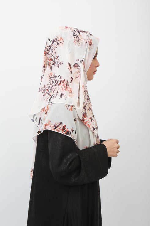 Double Loop Hijab Without Niqab--Printed Brown Flower On White