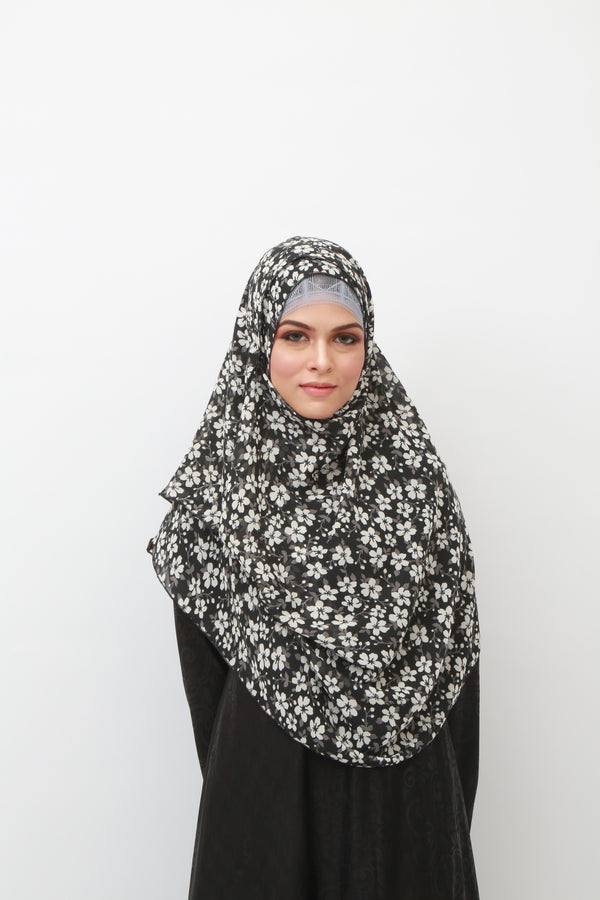 Double Loop Hijab Without Niqab--Printed Black & White Flower