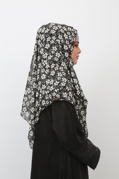 Double Loop Hijab Without Niqab--Printed Black & White Flower