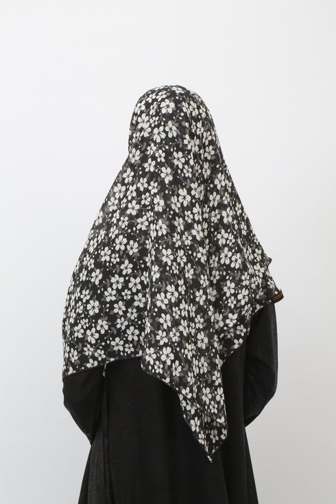 Double Loop Hijab Without Niqab--Printed Black & White Flower