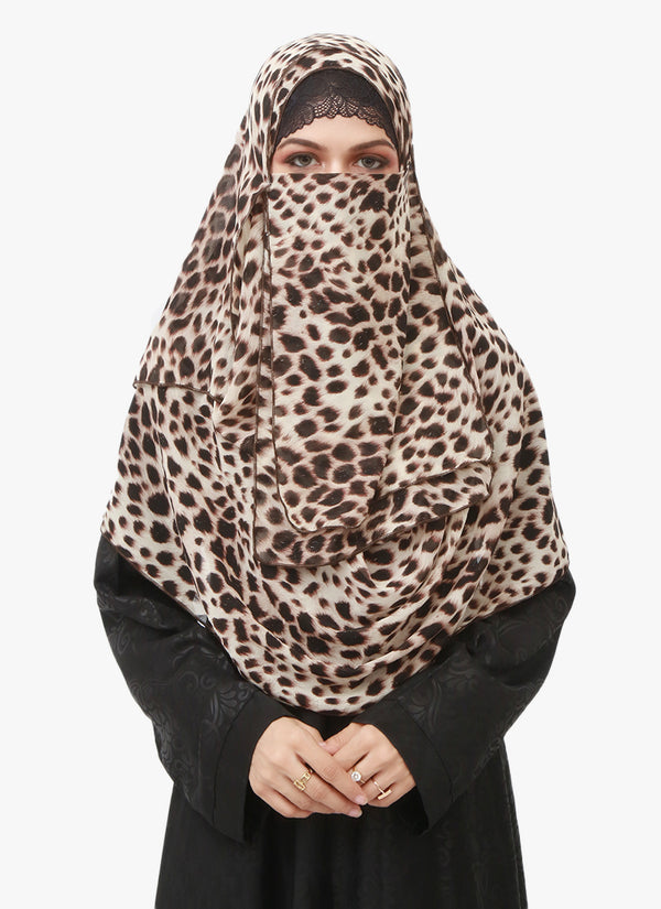 Double Loop Hijab With Attached Niqab --Printed Cheetah Design