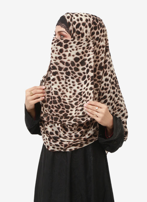 Double Loop Hijab With Attached Niqab --Printed Cheetah Design