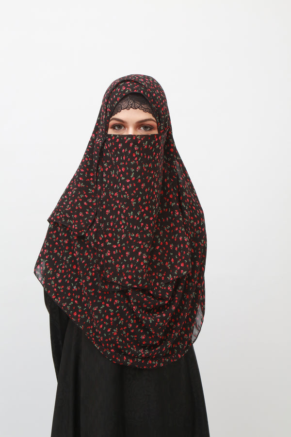 Double Loop Hijab With Attached Niqab - Printed Black With Maroon Flowers