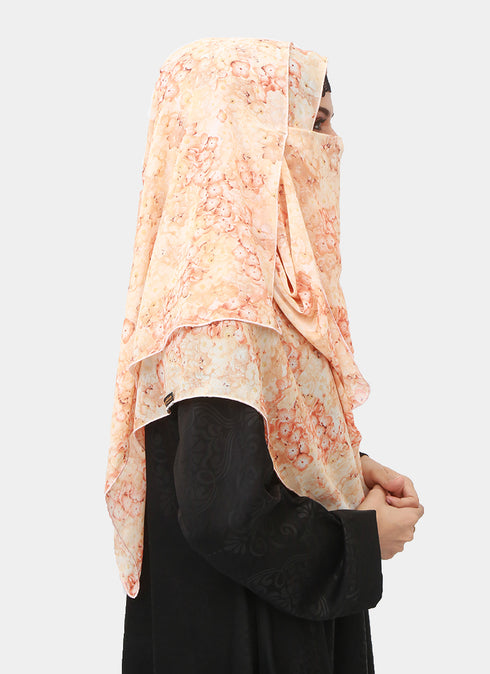 Double Loop Hijab With Attached Niqab - Printed Peach