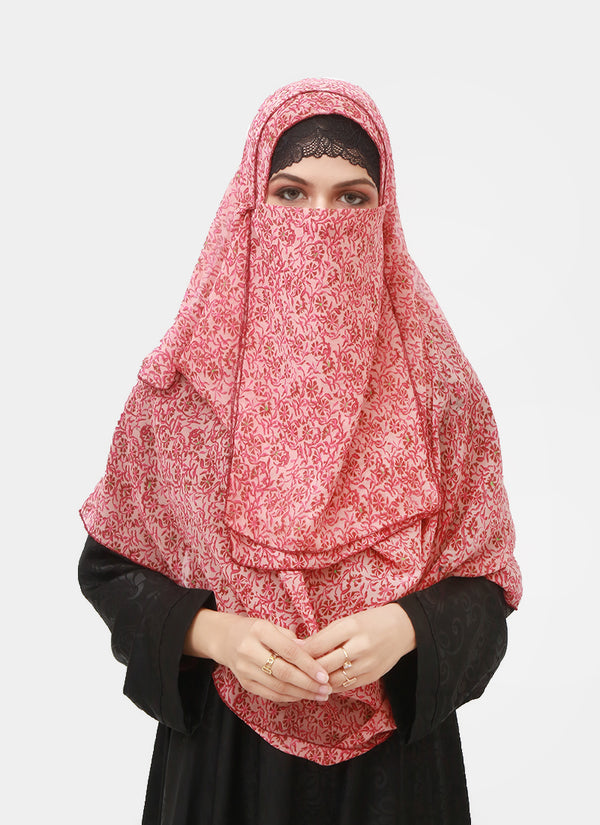 Double Loop Hijab With Attached Niqab - Printed Rustic Maroon