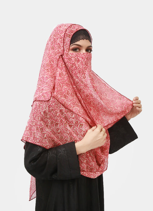 Double Loop Hijab With Attached Niqab - Printed Rustic Maroon