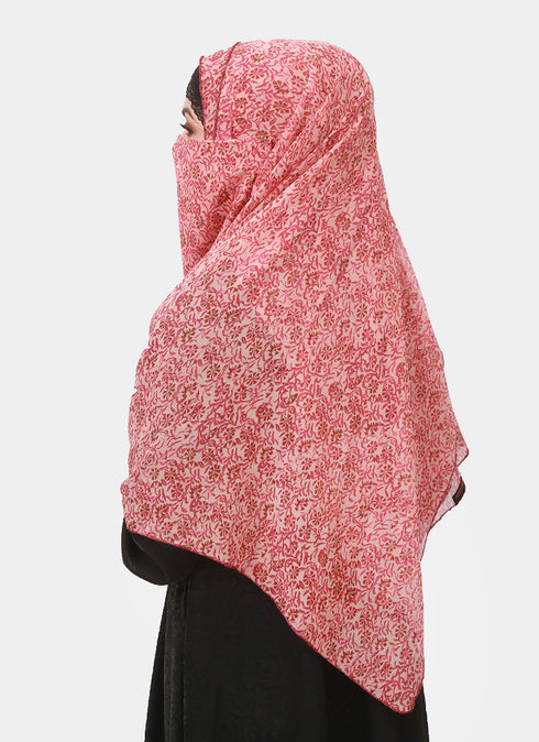 Double Loop Hijab With Attached Niqab - Printed Rustic Maroon
