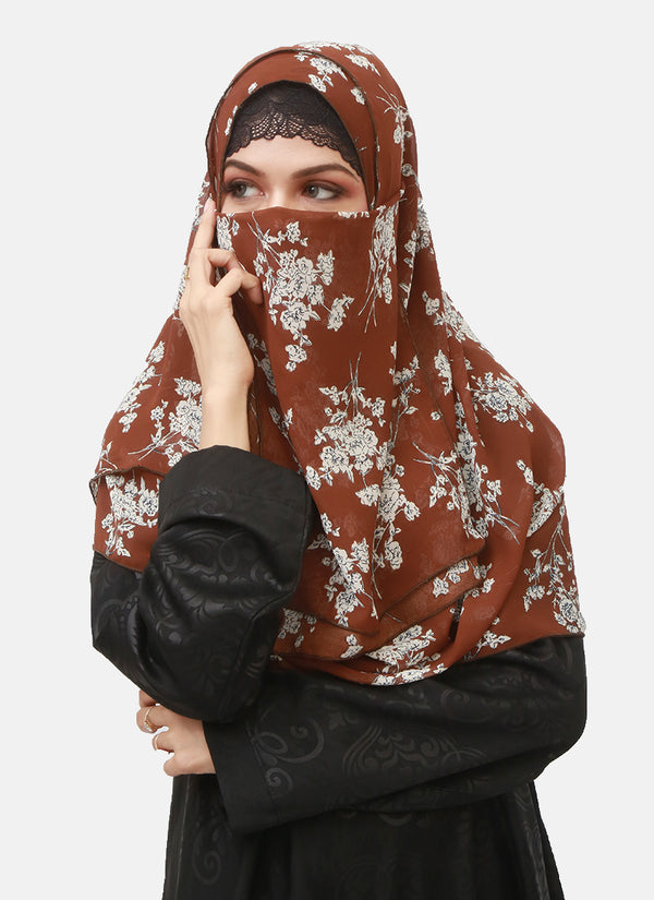 Double Loop Hijab With Attached Niqab - Printed Brown