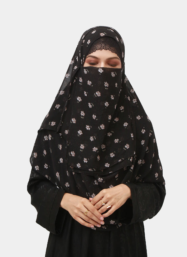 Double Loop Hijab With Attached Niqab - Printed Black With White Flower 1