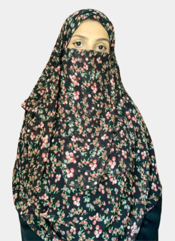 Double Loop Hijab With Attached Niqab - Printed Cherry Flower