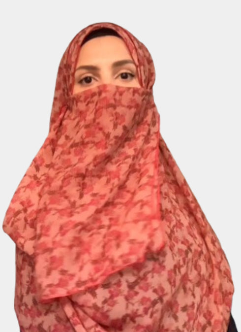 Double Loop Hijab With Attached Niqab - Printed Brown & Maroon