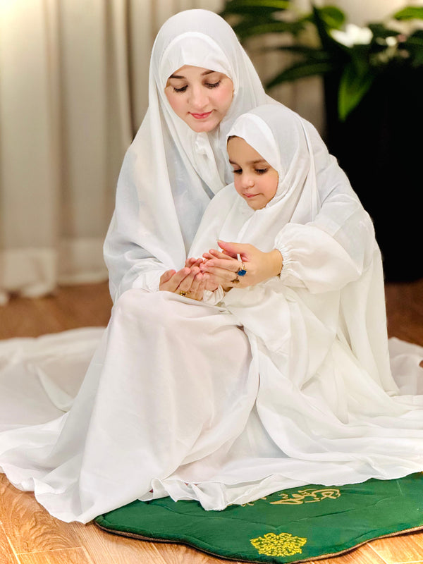 Mother & Daughter's Same Design Namaz Chadar---Plain White