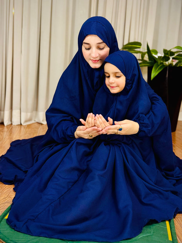 Mother & Daughter's Same Design Namaz Chadar---Plain Navy