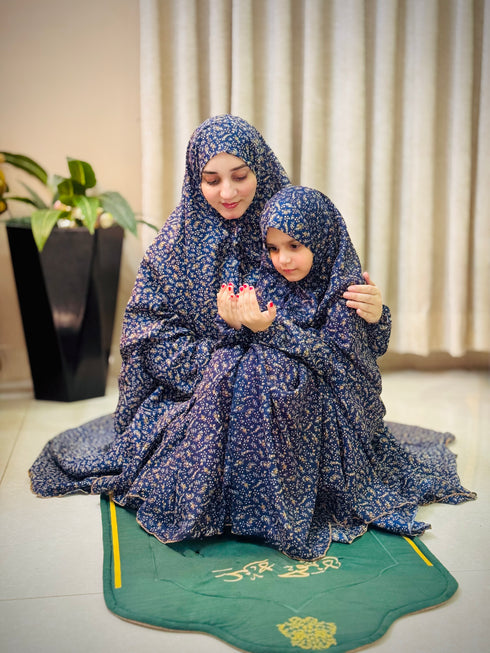 Mother & Daughter's Same Design Namaz Chadar - Printed Navy Blue