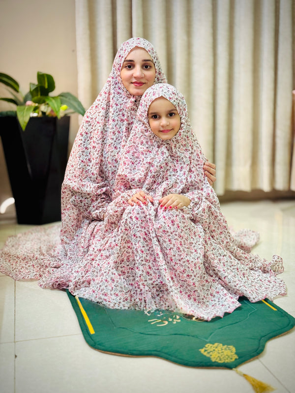 Mother & Daughter's Same Design Namaz Chaddar - Printed White